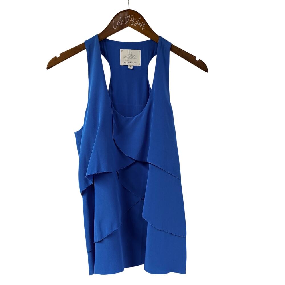 Madison Marcus Blue Tank Medium 100% Silk Tiered Sleeveless Top
